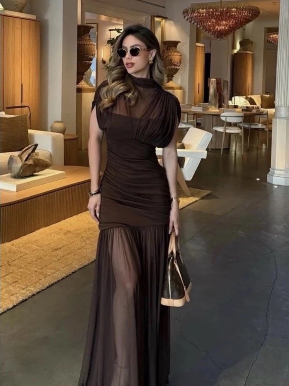 Zara Brown Sheer Maxi Dress with Ruched Bodice